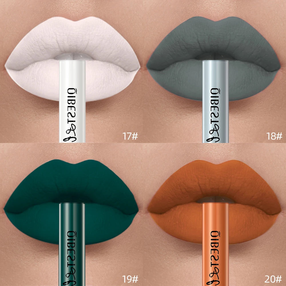 Four shades of waterproof matte liquid lipstick with velvet finish in white, gray, green, and orange. Long-lasting stain.