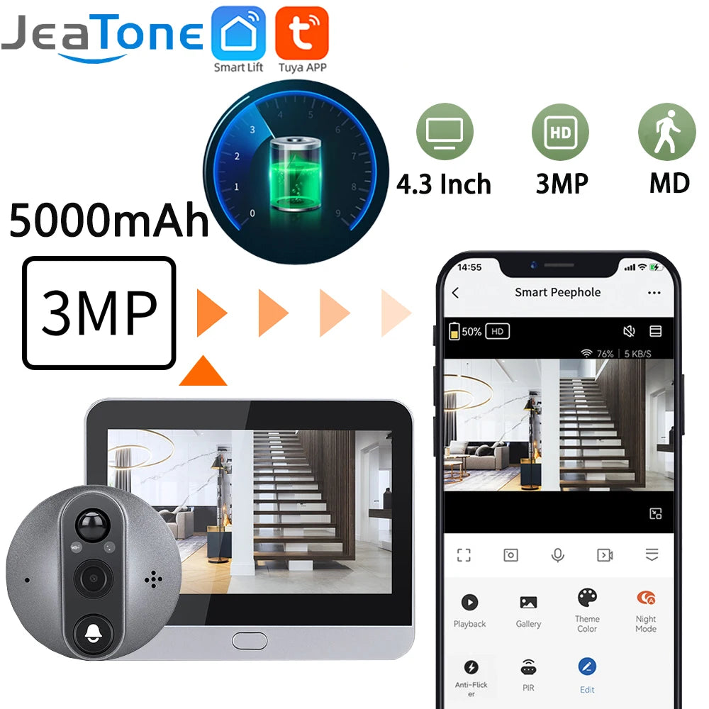 4.3'' IPS Screen Smart life/Tuya APP 2.4G 3MP Wireless wifi Video Intercom Doorbell eye PIR High-definition Visual Monitoring