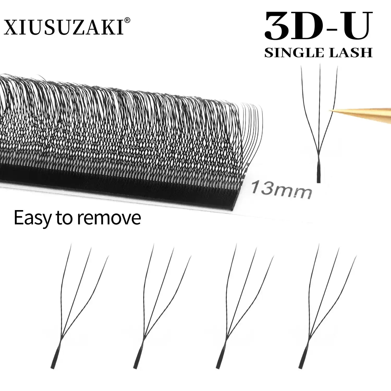 Black 3D U-shaped individual lash extensions, 13mm long, arranged on an adhesive strip for professional application.