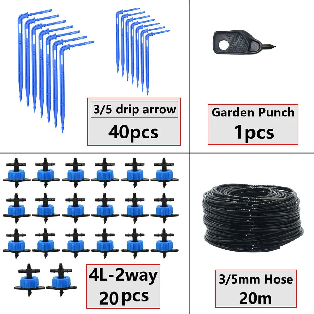 Greenhouse Potted Curved Arrow Dropper Micro Drip System 2L4L8L Pressure Compensation Dripper 3/5mm 2/4-way Irrigation Kit