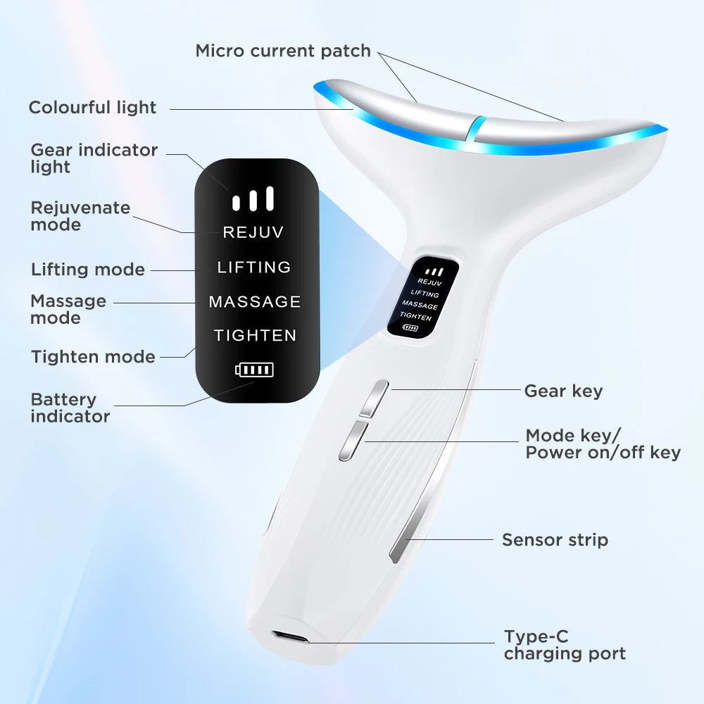 White, T-shaped EMS face and neck massager with LED lights, digital display, control buttons, and charging port.