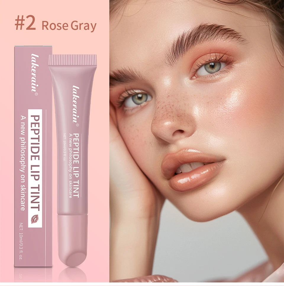 Lakerain Rose Gray Peptide Lip Tint: a hydrating, high-shine, glossy nude lip makeup with a plumping glass finish.