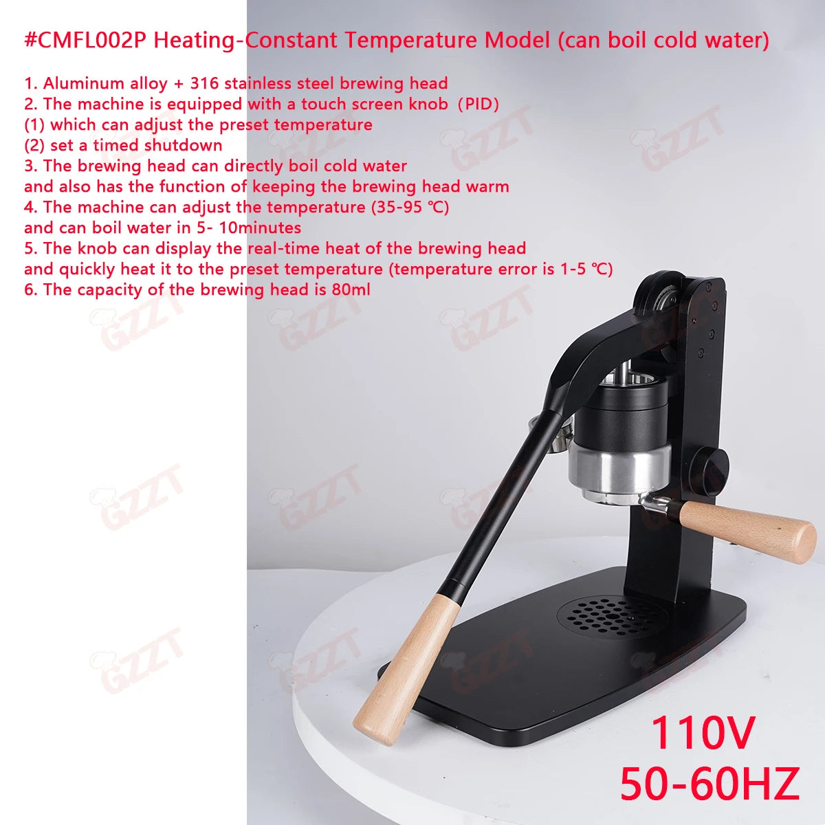 GZZT manual espresso maker with black frame, stainless steel 80ml brewing head, and ergonomic wood handle.