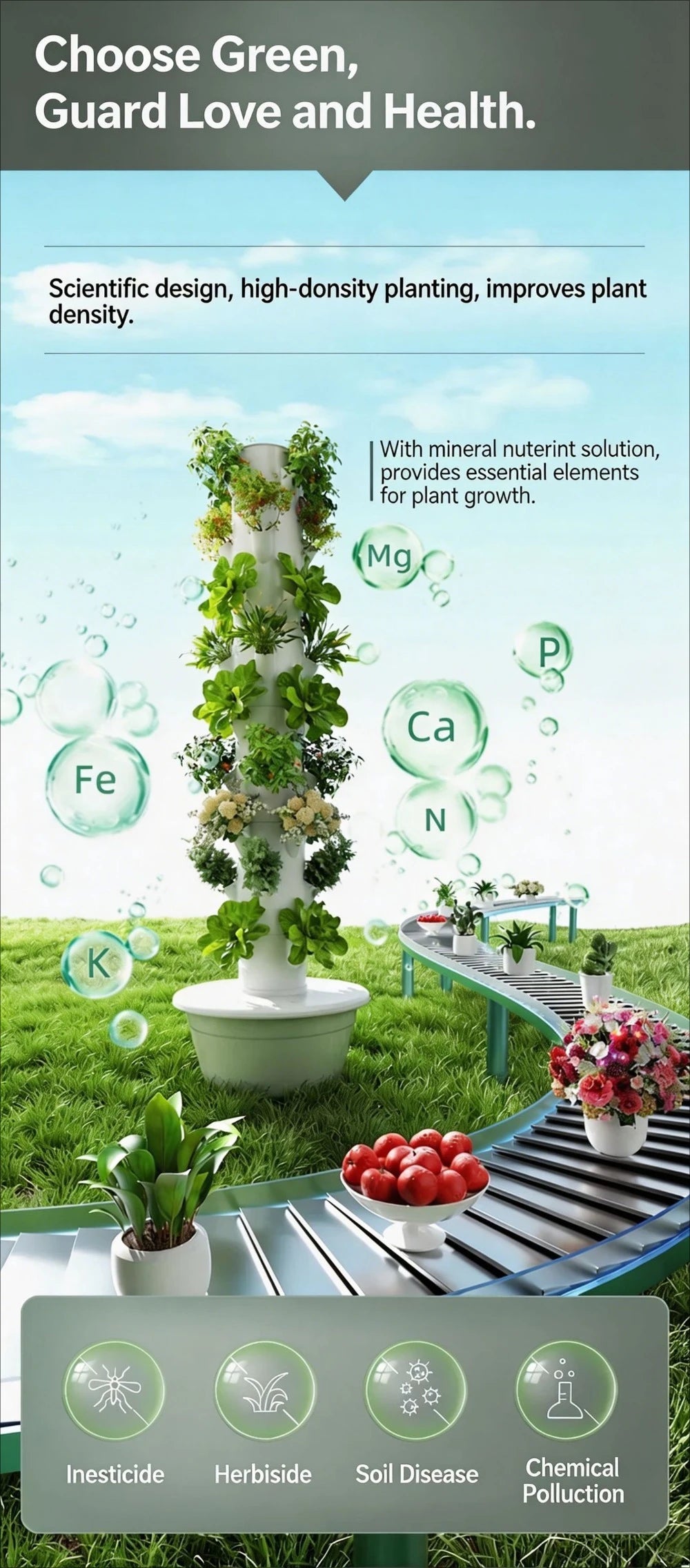 Vertical hydroponic tower infographic with nutrient icons and leafy plants