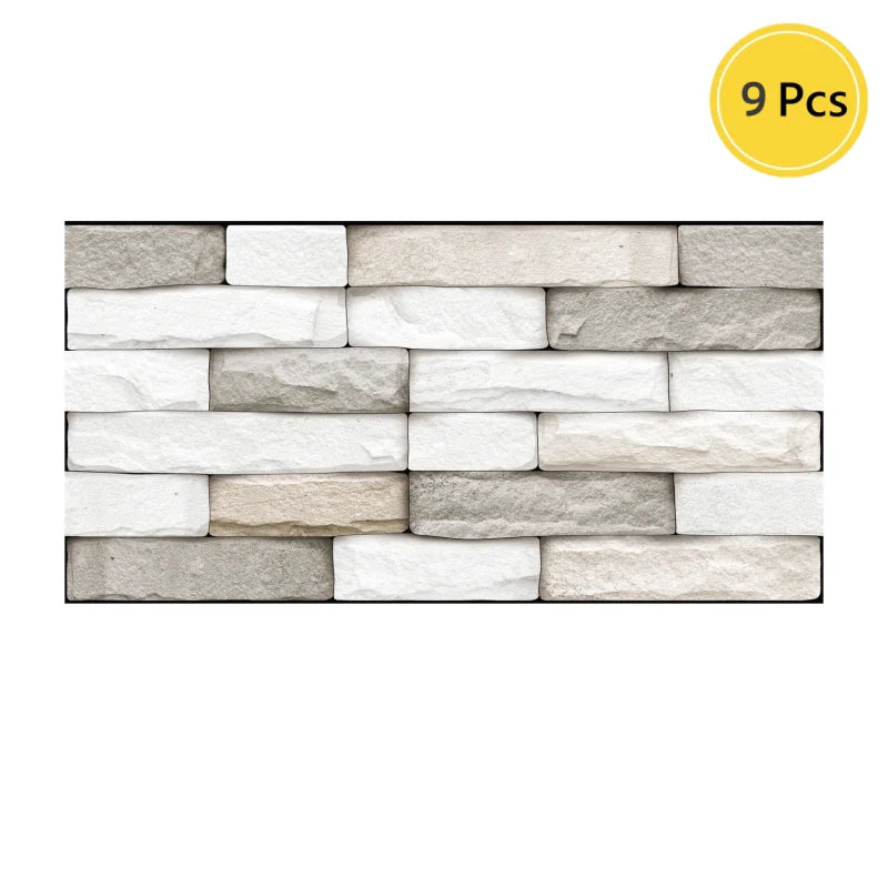 Self-adhesive backsplash tile sticker sheet, white and grey brick pattern (9 pcs)
