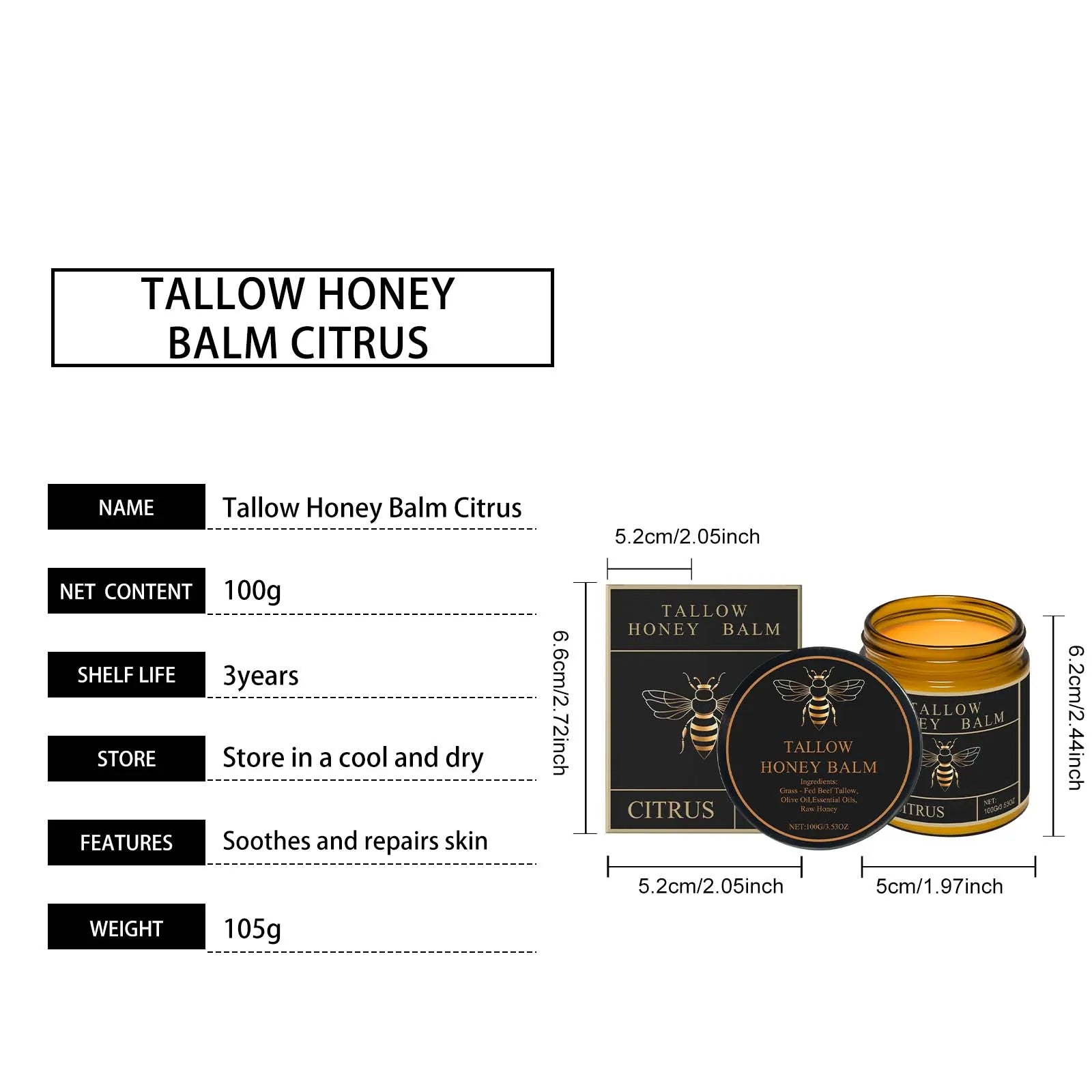Tallow Honey Balm Firming Nourishing & Hydrating Skin Care Smoothing Soothe Skin Improves Elasticity Tallow Honey Moisturizer