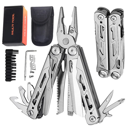 Foldable stainless steel mini multitool with pliers, screwdrivers, file, and ruler, with case