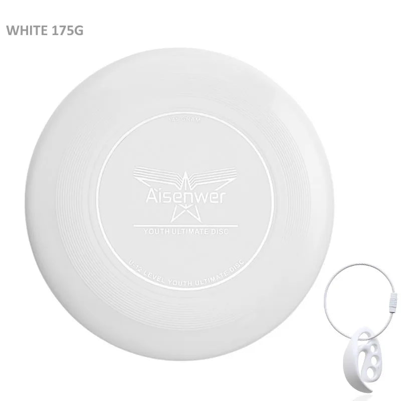White 175g Aisenwer plastic ultimate flying disc with a circular shape and included disc carrying clasp.