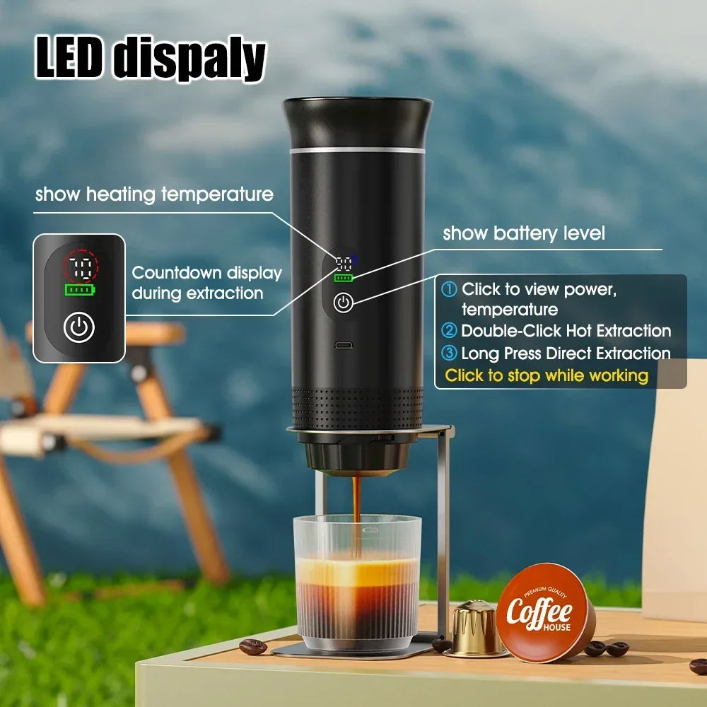 Portable black electric coffee maker with LED temperature display, battery indicator, and metal stand for brewing.