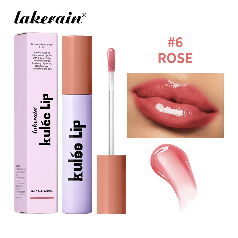 Lakerain Kulfée Lip Oil #6 Rose: Long-lasting, moisturizing, non-sticky glossy lip stain with smooth glide applicator.