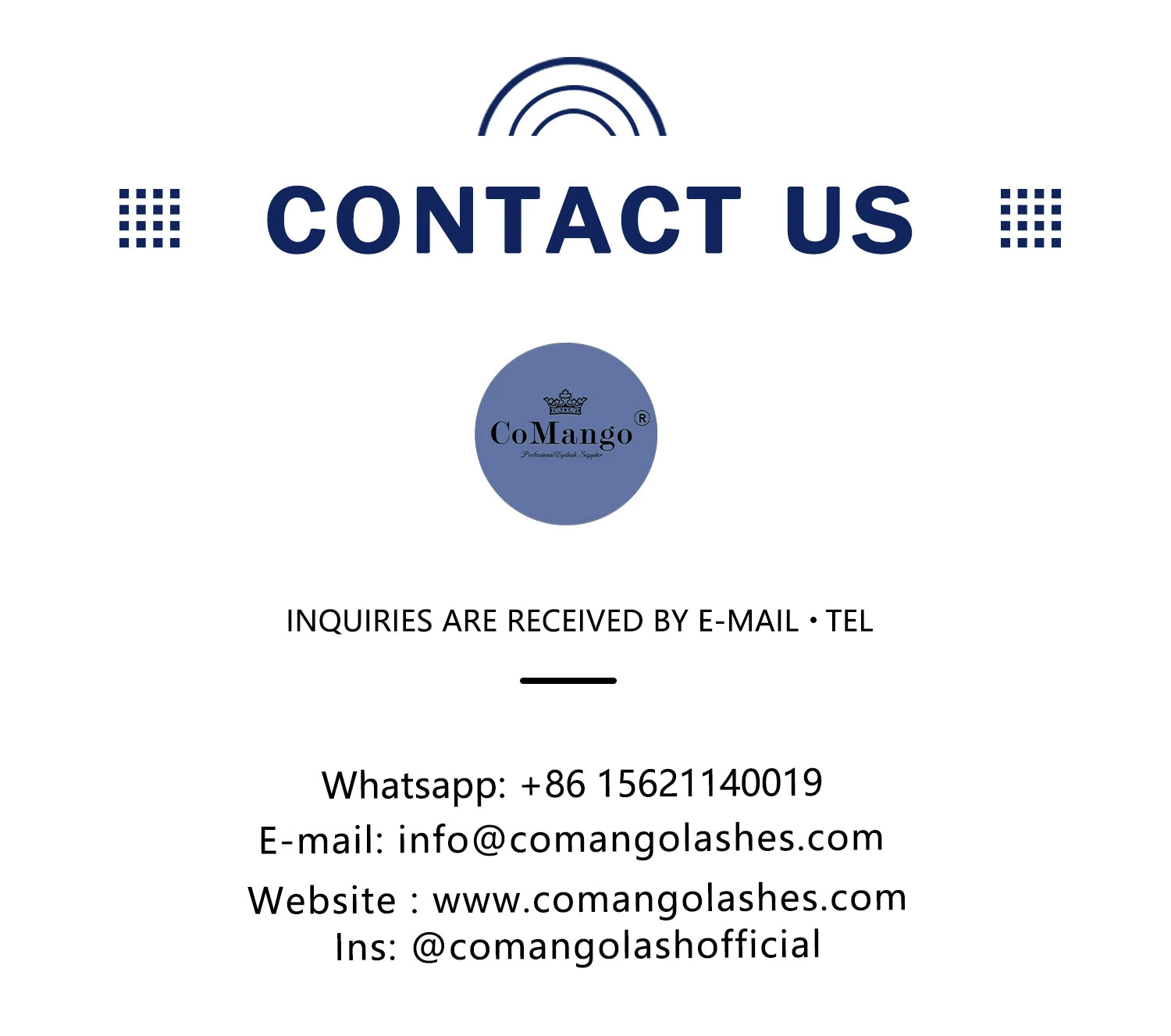 Contact information graphic for lash supplier with email, phone, website, and social media details.