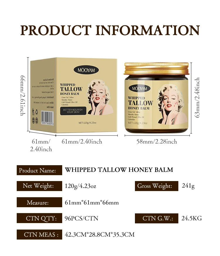 120g Whipped Beef Tallow And Honey Balm Beef Tallow Face Moisturizer Face & Body Skin Care Grass Fed Grass Finished Face Cream