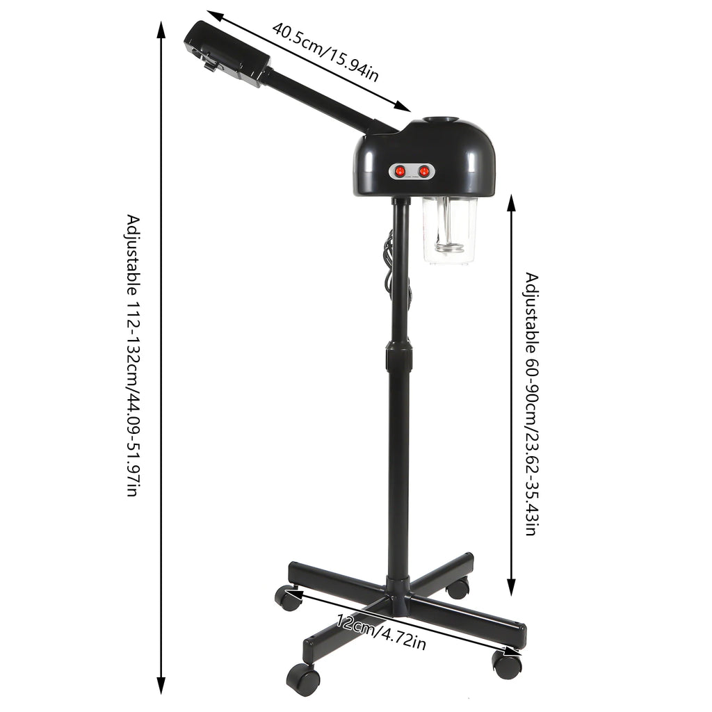Professional black 800W facial steamer with 750ml tank, adjustable height stand, and wheels for salon skin care use.