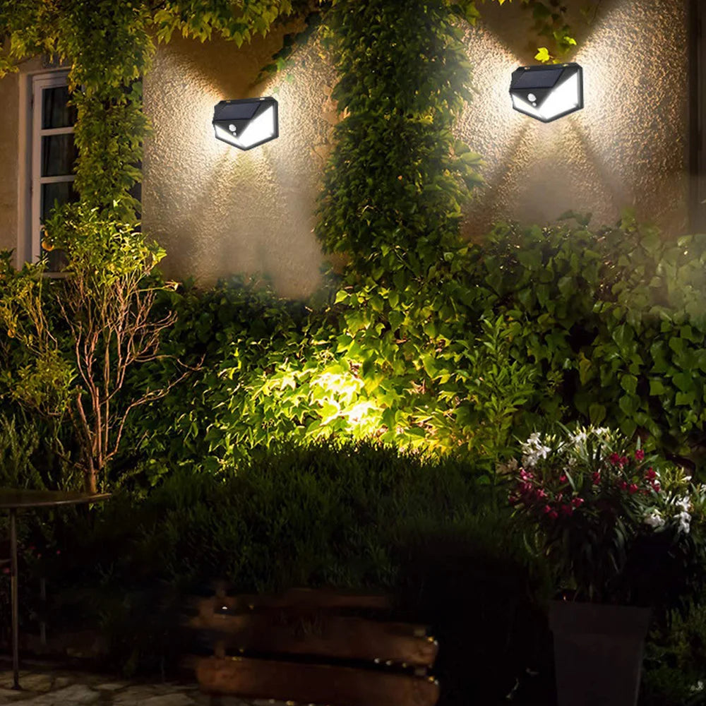 Solar Wall Lamp Outdoor Solar 100 LED Light 4 Sided Luminous Motion Sensor Waterproof Sunlight Garden Courtyard Decor Lighting