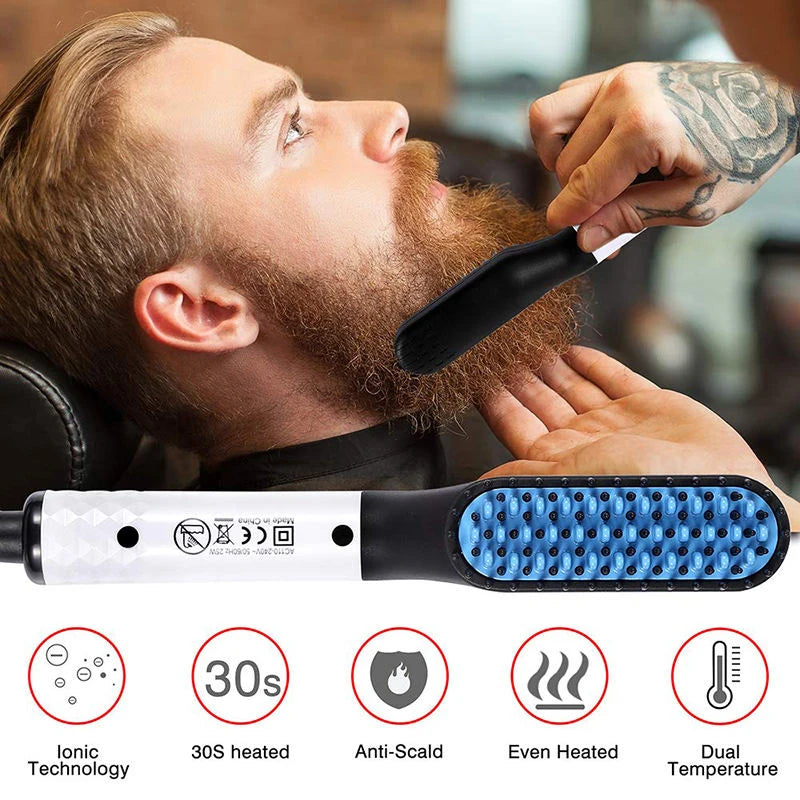 Portable black and white beard straightening comb with blue heated bristles, ionic technology, and anti-scald design.