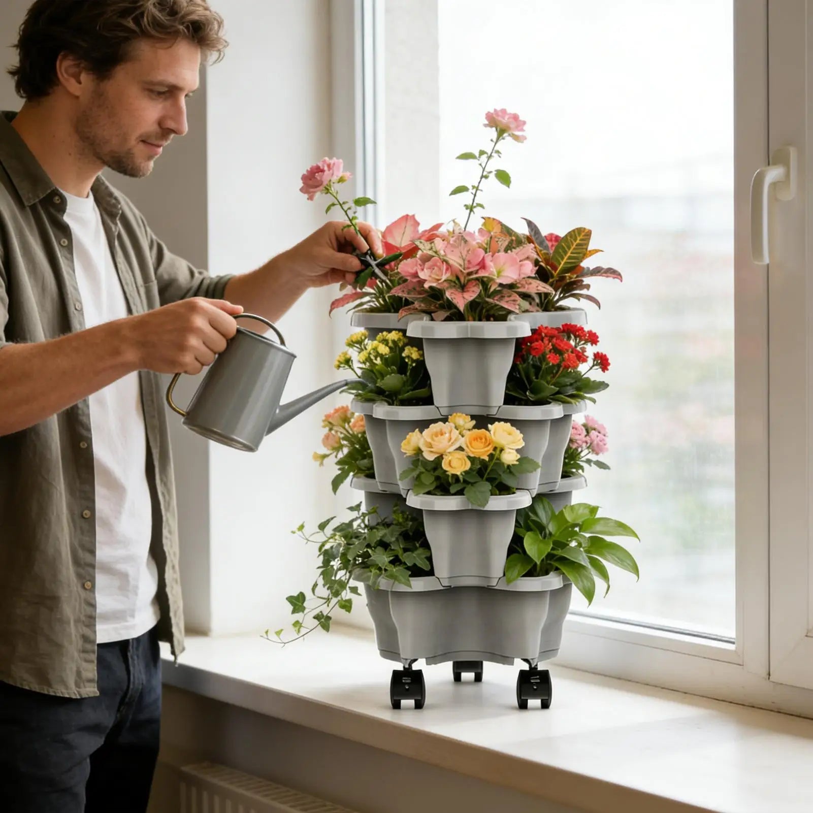4/5 Tier Plant Tower With Wheels Stackable Plant Towers ABS Vertical Planter Tower For Strawberry Green Ivy Balcony Terrace