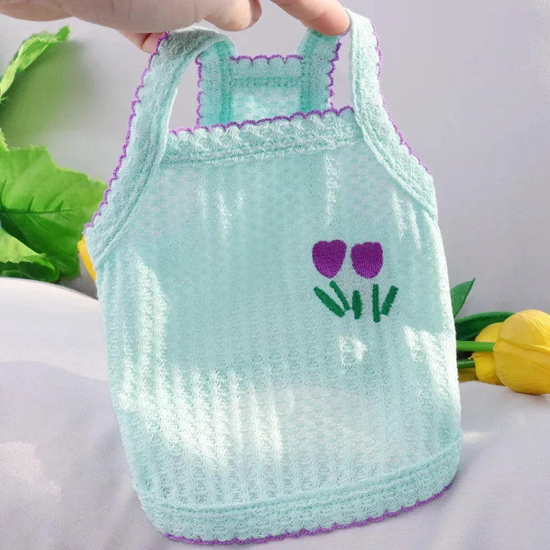 Soft, breathable mint green dog tank top with floral embroidery for small pets like Bichon and Yorkies. Perfect summer.
