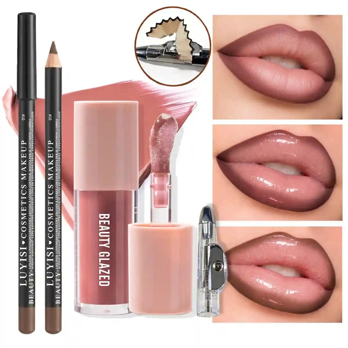 3pc Nude Lip Makeup Set: Matte lip liner, moisturizing gloss, and sharpener for a soft, blendable, defined look.