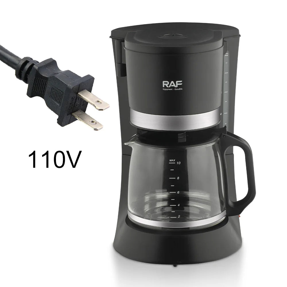 RAF 110V black drip coffee maker with a 10-cup capacity glass carafe and durable plastic housing.