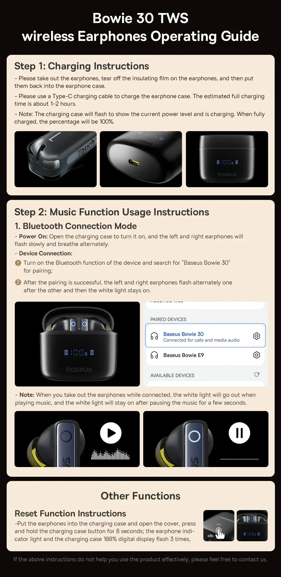 Baseus Bowie 30 Wireless Earphones 50dB Noise Reduction 65Hrs Long Playtime Bluetooth 5.3 Earbuds 6 Mics AI Call Clear Big Bass Tidesmit
