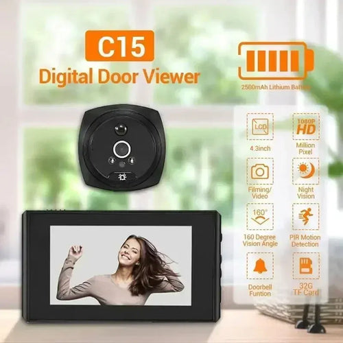 Black digital door viewer with LCD screen and black peephole camera