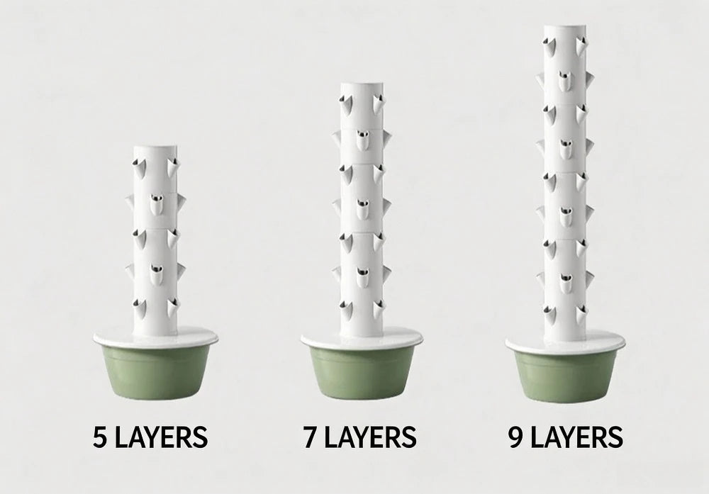 Vertical aeroponic tower garden options: 5-layer, 7-layer, and 9-layer units with planter