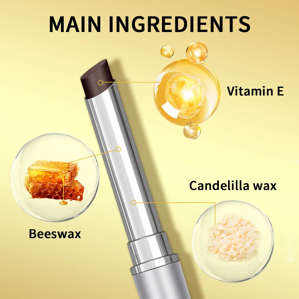 Moisturizing black brown tinted lip balm with beeswax, Vitamin E, and candelilla wax in a sleek silver tube.
