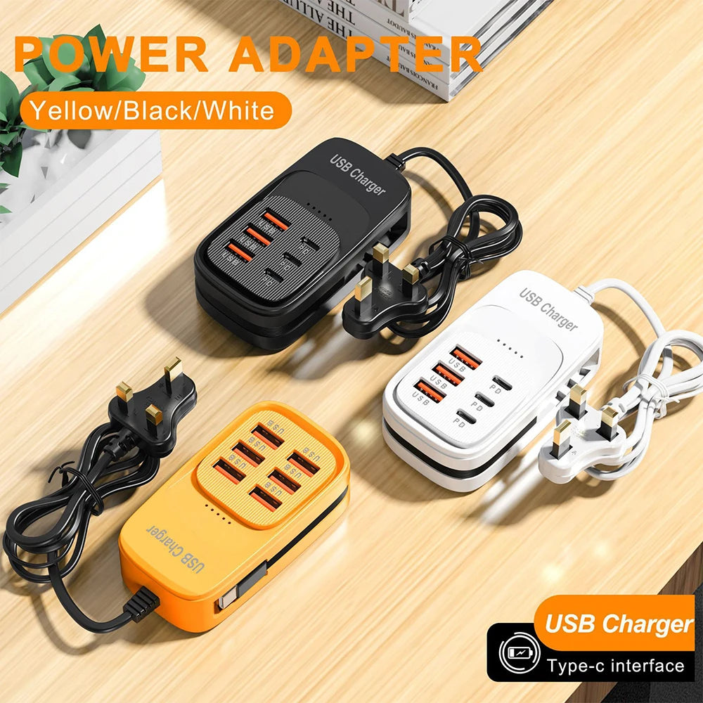 EU/US/UK 6-Ports USB Charging Extension Socket with Type-C Cable 3USB 3PD Power Strip Desktop Charging Station HUB Adapter 5V2A