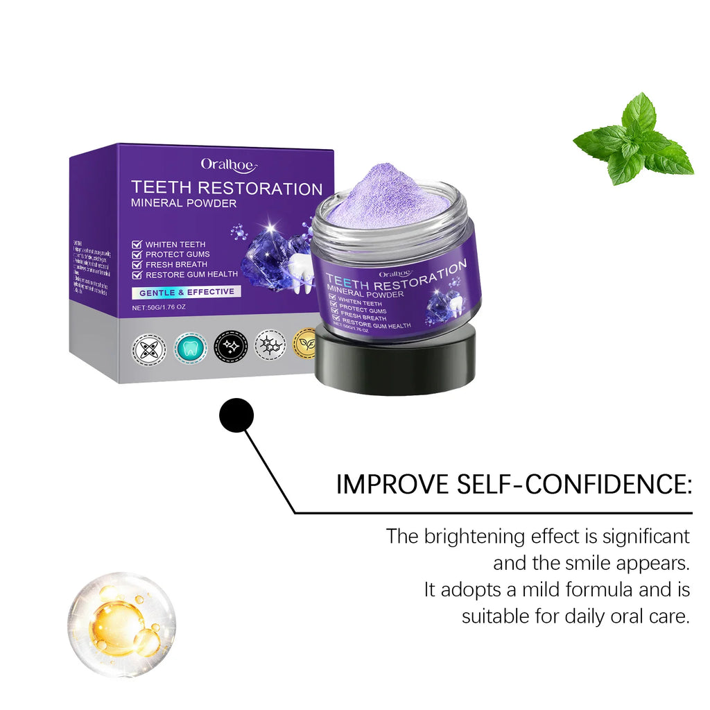 Tidesmit teeth restoration mineral powder for professional teeth whitening and fresh breath stain removal.