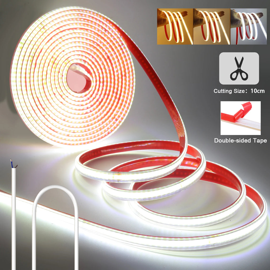 220V RA90 COB LED Strip Light Bright Waterproof Driver Build In 10cm Can Be Cut 240LEDs/M Flexible Adhesive Tape Home Decoration