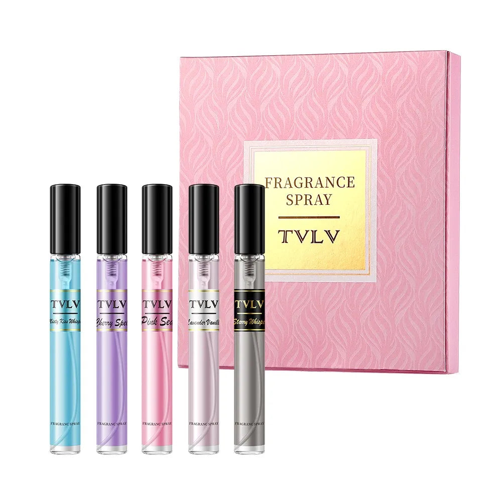 TVLV Brazilian fragrance body spray gift set with 5 slim glass spray bottles, fresh floral & fruity scents for women.