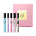 TVLV Brazilian fragrance body spray gift set with 5 slim glass spray bottles, fresh floral & fruity scents for women.