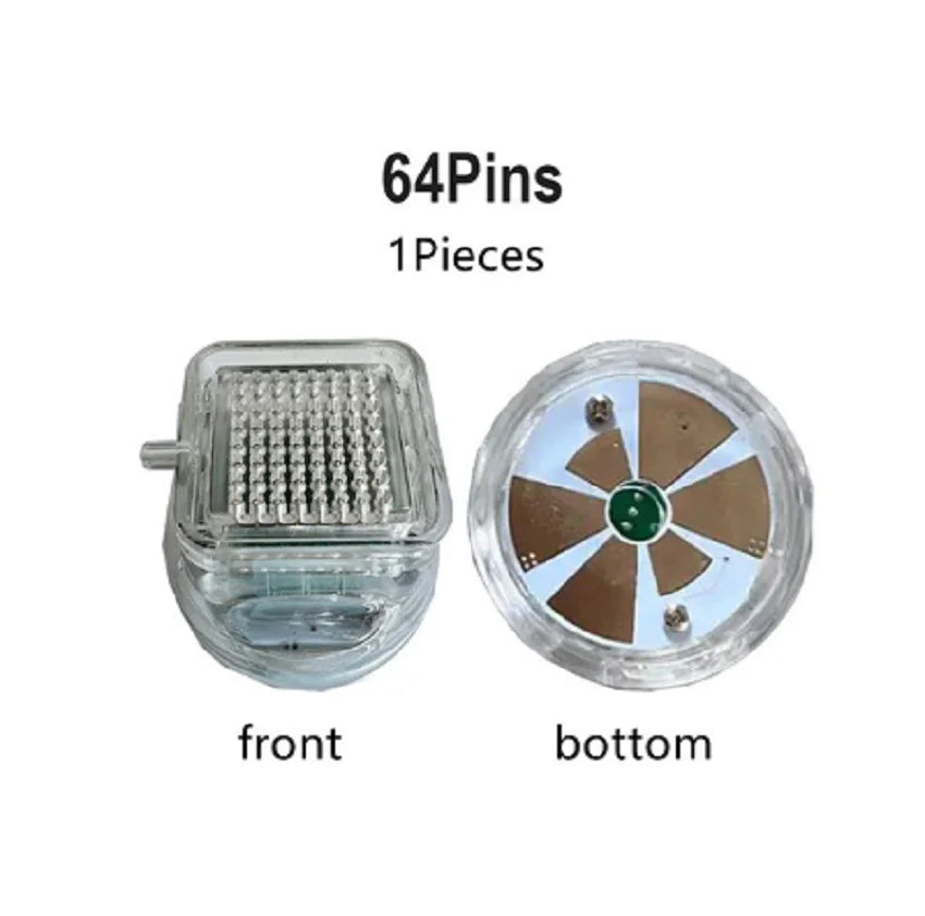 64-pin RF microneedle cartridge for Morpheus8 skin tightening device, front and bottom view, for anti-wrinkle therapy.