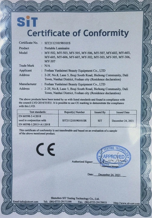 SIT CE Certificate of Conformity for 275W double-headed infrared heat lamp pain relief device for salon and home use.