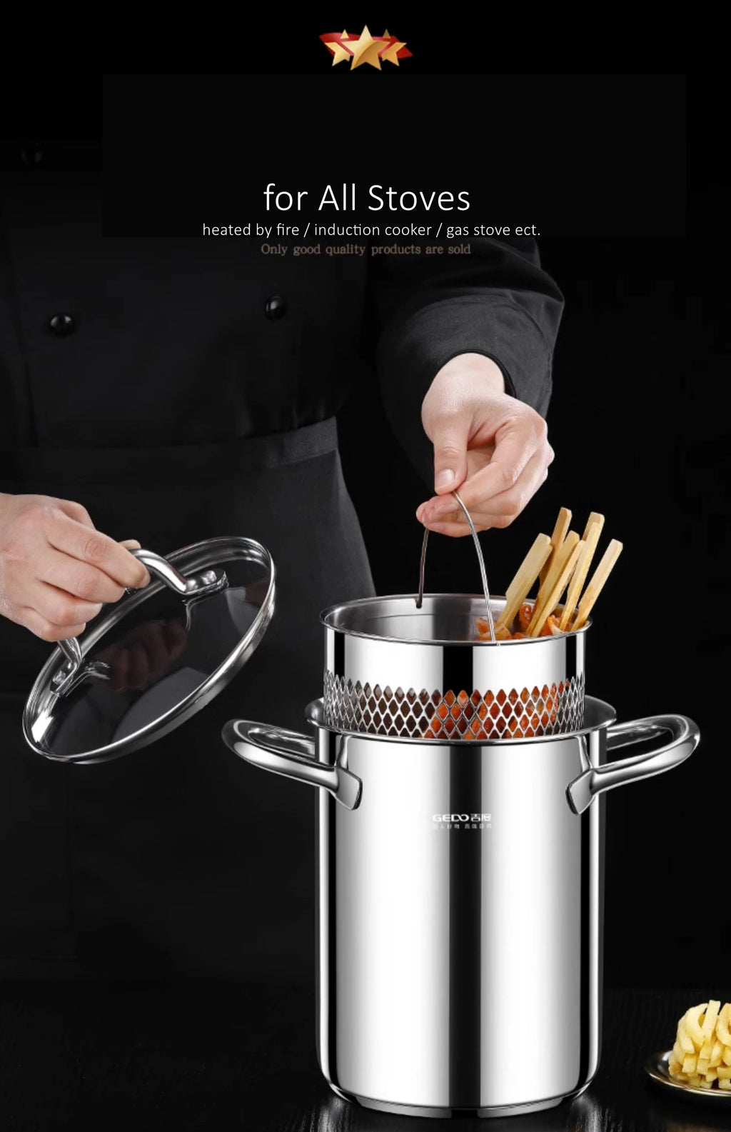 LFGB Certificated Pure 304 Stainless Steel Deep Fryer Oil Save Potato Chip Frying Pot Vegetable Noodle Stewing Pot with Strainer