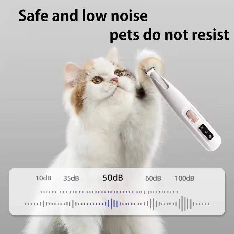 Quiet, low-noise USB electric pet hair trimmer for safe grooming of cat and dog paws, eyes, ears, and face.