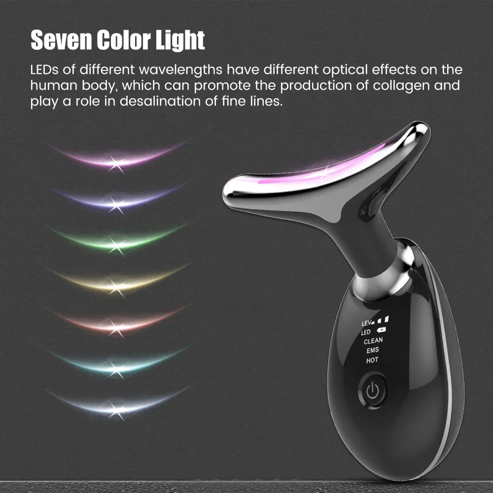 Shiny black ergonomic neck and face massager with LED light settings displayed on the left and a power button.