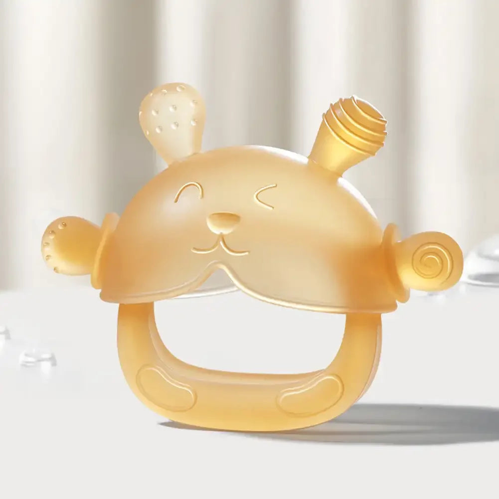 Amber silicone baby teething toy with cute bear design for soothing sore gums.