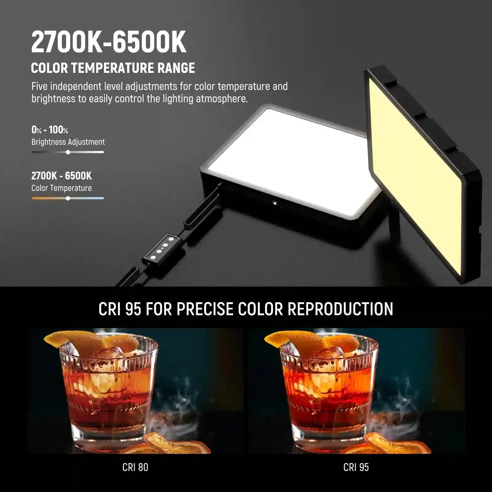 Two rectangular LED panel lights with adjustable color temperature and brightness for photography and video lighting.