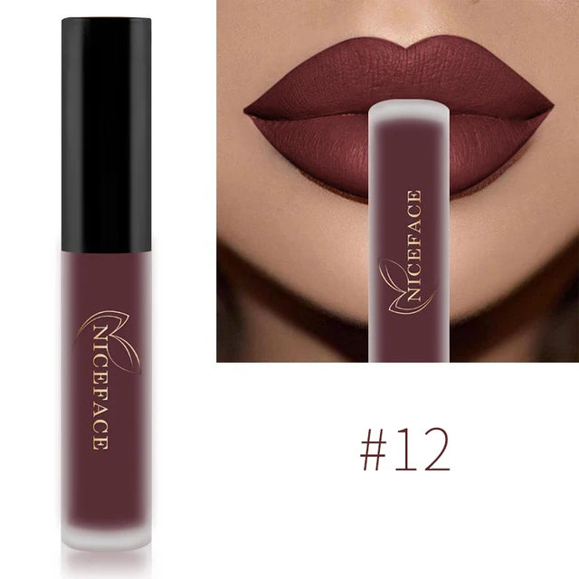 Niceface waterproof matte liquid lipstick #12 in a deep burgundy shade on lips, long-lasting lip makeup tube.