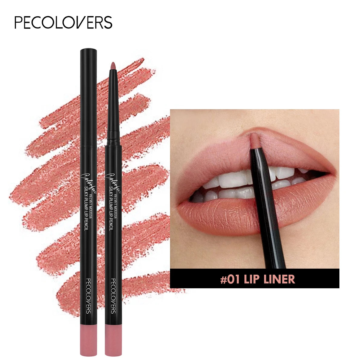 Pecolovers waterproof matte lip liner pencil in shade #01 with a smooth, dewy finish and natural pink swatch.