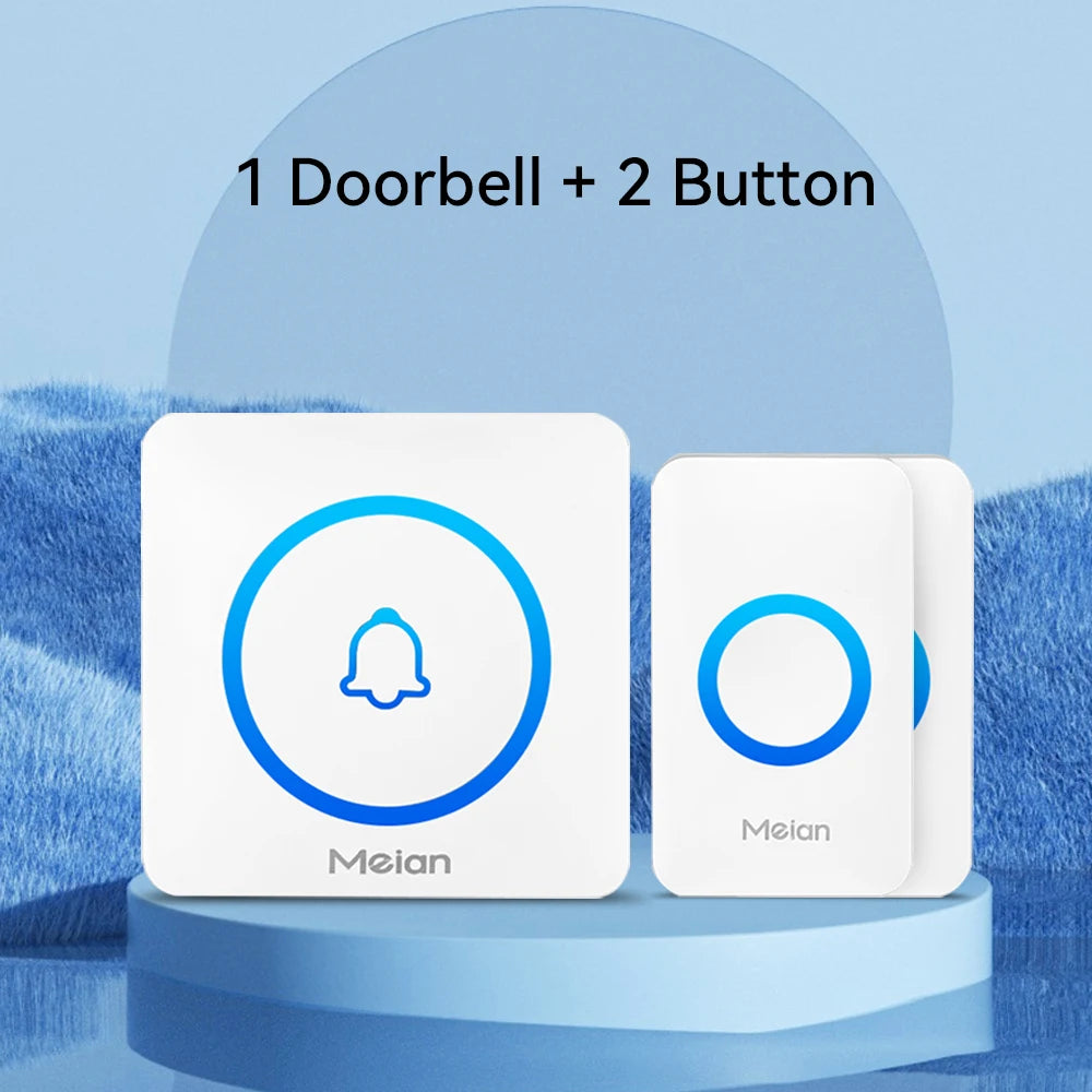 Meian wireless doorbell set, white chime with two door buttons, blue bell ring icons
