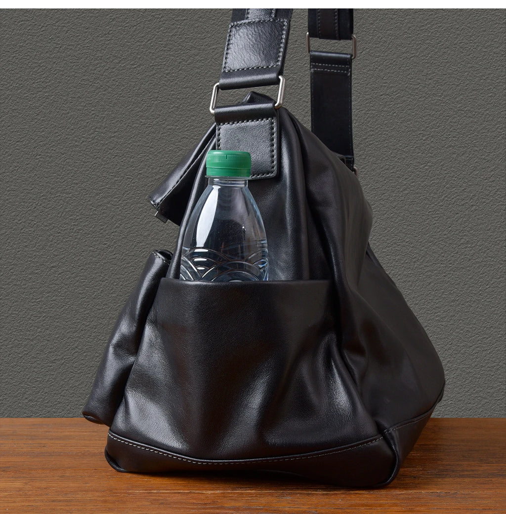 Retro Designer Men New Black Cowskin Genuine Leather Travel Bag Big Capacity Casual Tote Handbag Single Shoulder Crossbody Bag