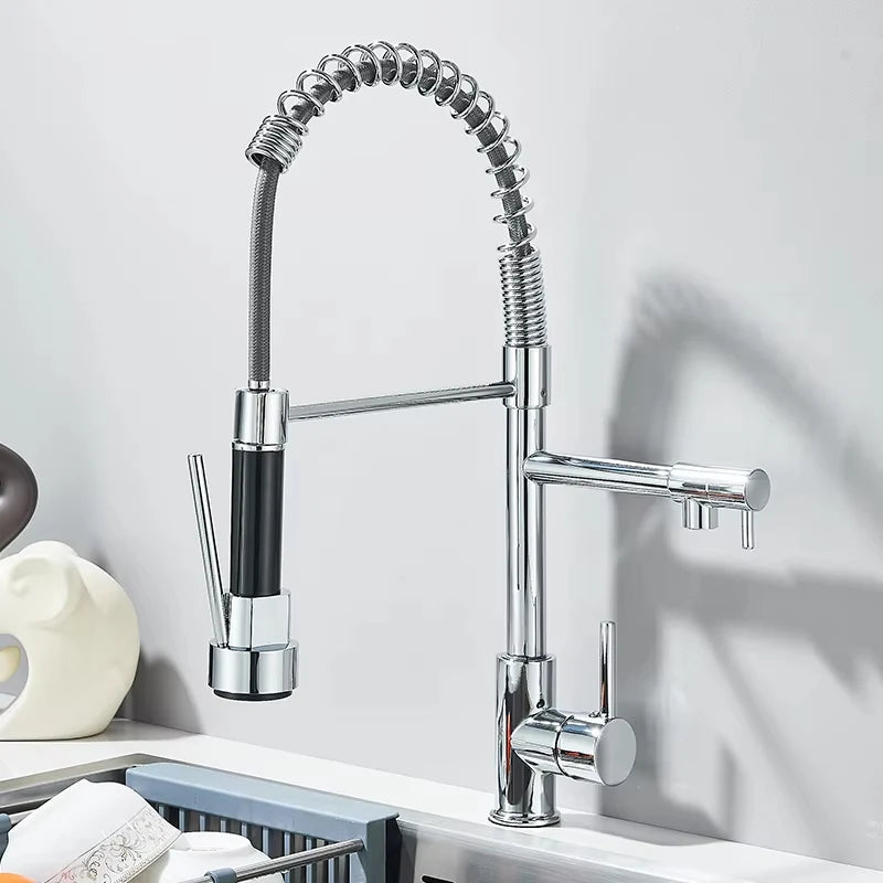 Pull Down Kitchen Sink Faucet Hot Cold Water Mixer Crane Tap with Dual Spout 360 Rotation Deck Mounted