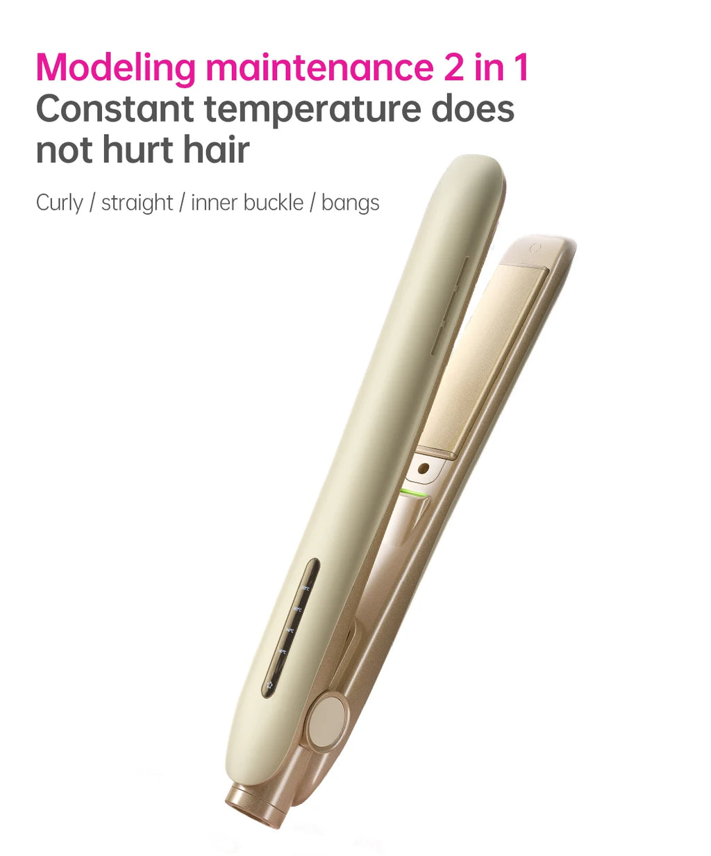 Beige 2-in-1 hair straightener and curler flat iron with smart temp control for safe styling.