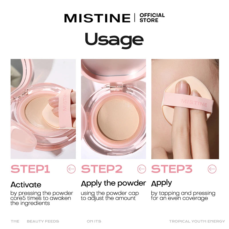 Tidesmit Mistine air cushion foundation texture close-up showing dewy finish moisturizing face makeup for combination skin