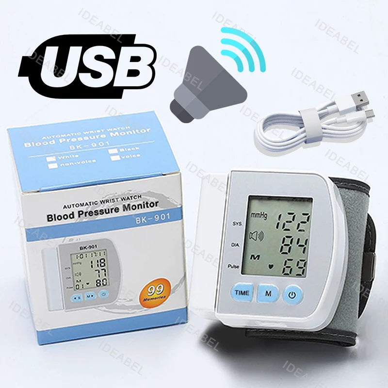 Smart LCD Screen English Voice Broadcast Wrist Blood Pressure Monitor Digital Automatic BP Tonometer Heart Rate Sphygmomanometer