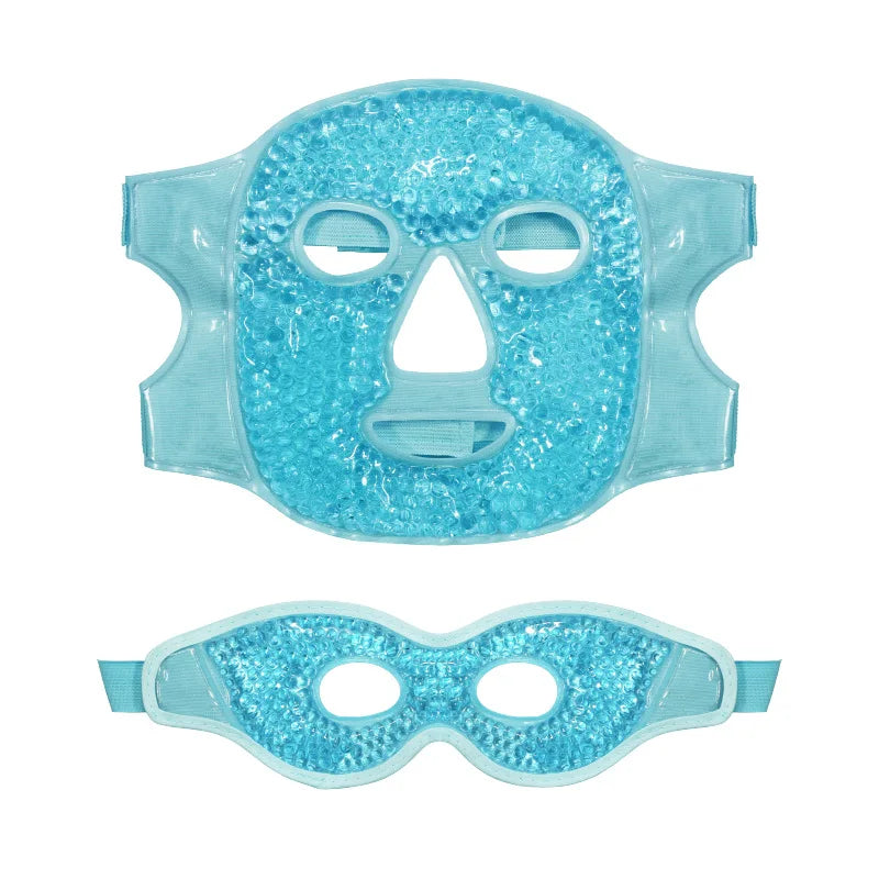 A blue gel bead face mask and matching eye mask for hot or cold therapy, made of clear PVC with elastic straps.