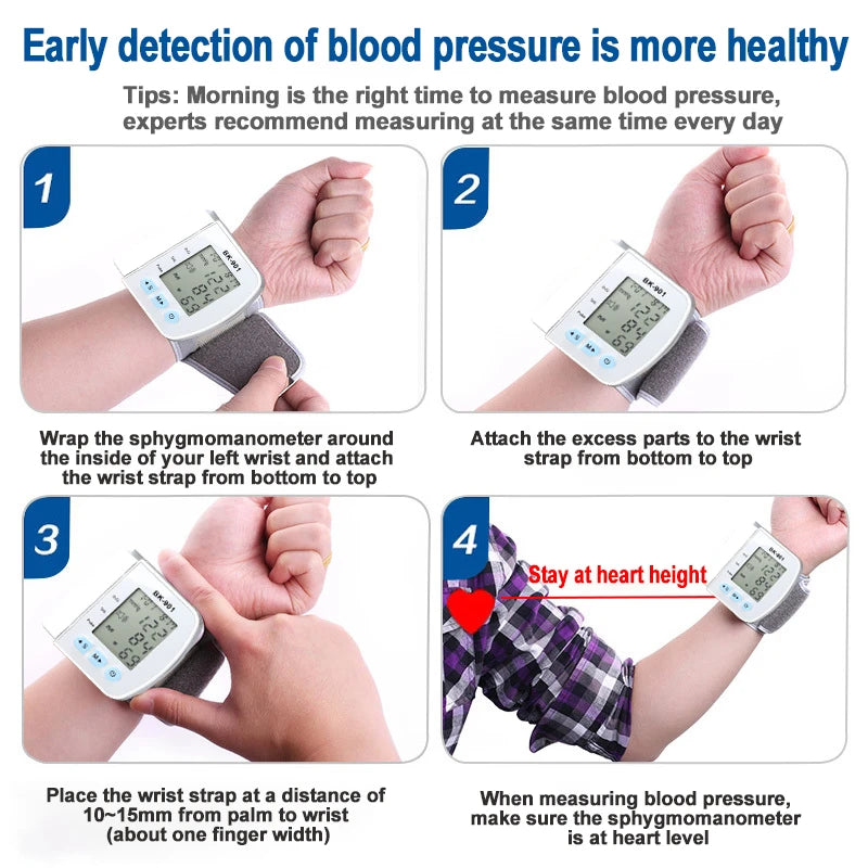 Smart LCD Screen English Voice Broadcast Wrist Blood Pressure Monitor Digital Automatic BP Tonometer Heart Rate Sphygmomanometer