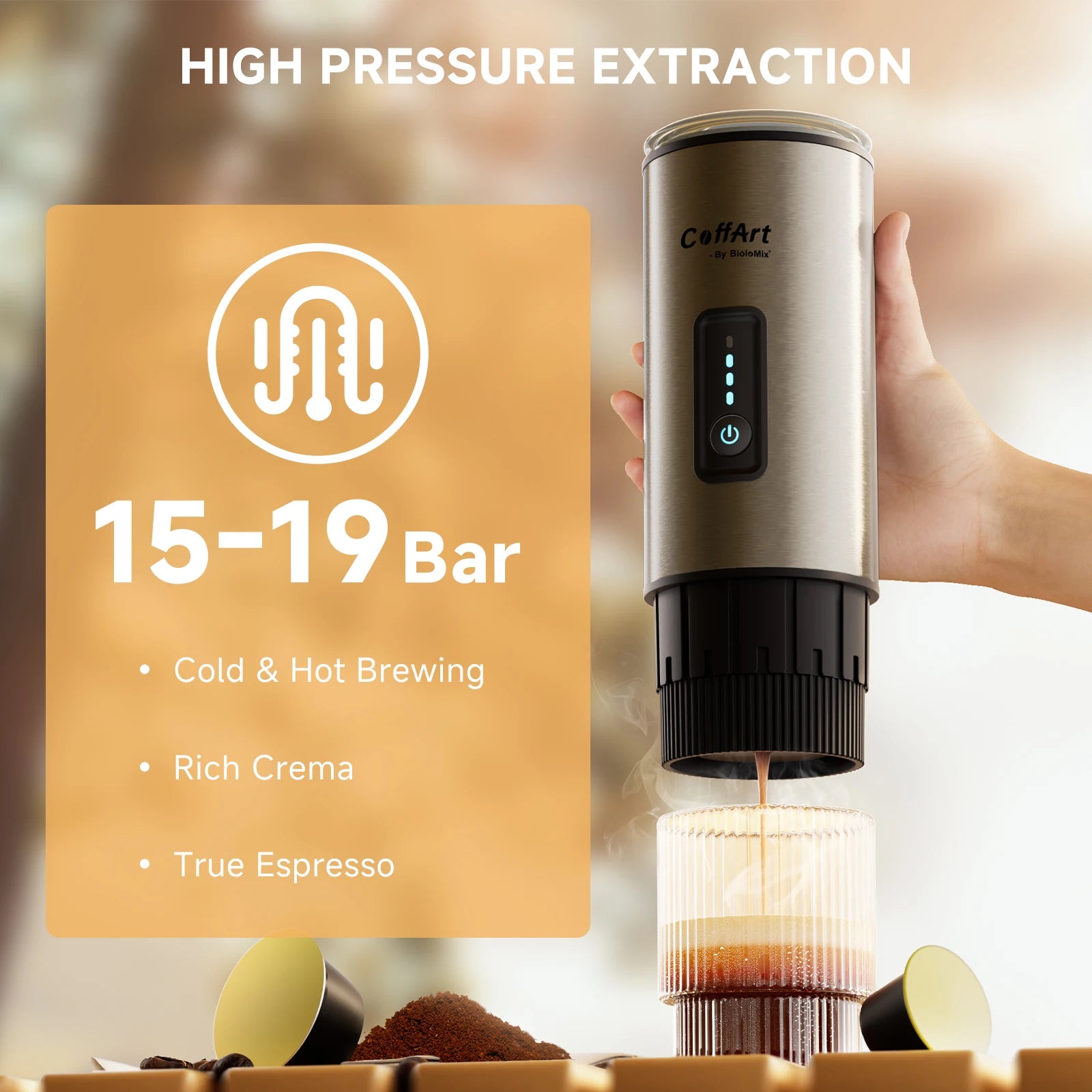 CoffArt by BioloMix portable espresso maker, silver stainless steel, 19 bar pressure for hot and cold coffee brewing.